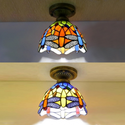 Stained Glass Dragonfly Ceiling Fixture One Bulb Tiffany Rustic Flush Mount Light in Blue/Orange for Kitchen