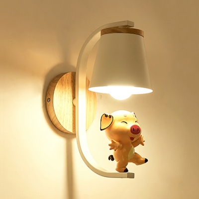 Metal Trapezoid Wall Light with Dancing Piggy Kid Bedroom 1 Light Cartoon Sconce Light in White