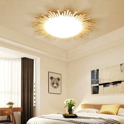 Beige Sun LED Ceiling Light Nordic Style Wood Flush Mount Light with Warm/White Lighting for Corridor
