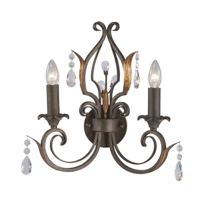 Candle Dining Room Sconce Light with Clea Crystal Iron 2 Lights American Rustic Wall Light