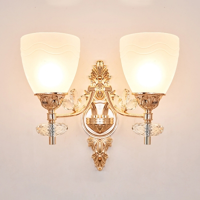 Classic Style Gold Wall Light with Crystal Leaf 1/2 Bulbs Frosted Glass Sconce Lamp for Hotel
