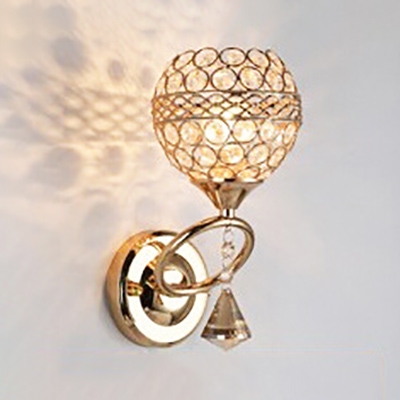 Elegant Globe Wall Light 1 Head Metal Sconce Lamp in Gold with Clear Crystal for Hotel Restaurant