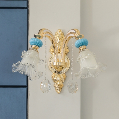 Elegant Style Blossom Wall Light Glass Metal 1/2 Head Gold Sconce Light with Crystal Deco for Bedroom