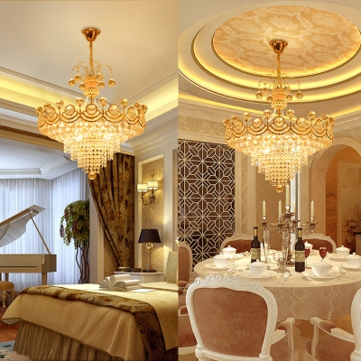 Glittering Crystal Cone Pendant Light Hotel Villa European Style Chandelier in Gold Finish