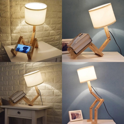 Industrial Robot Table Lamp Adjustable DIY Book Night Light Bedside Lamp Home Decor Wooden Table Lamp with Fabric Shade, White