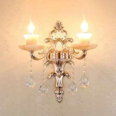 Luxurious Candle Shape Wall Lamp Metal 2 Lights Gold Sconce Light with Clear Crystal for Restaurant
