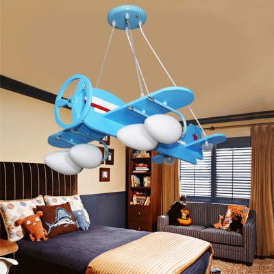 Modern Light Blue Pendant Lamp Propeller Airplane 4/6 Lights Wood Hanging Light for Kindergarten