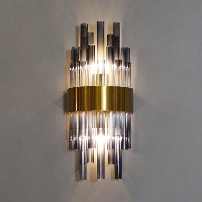 Modern Style Tube Wall Sconce Smoke Crystal Metal Two Lights Wall Lamp in Gold Finish for Dining Room