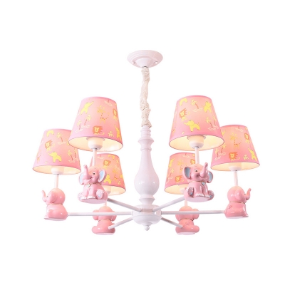Resin Elephant Suspension Light with Tapered Shade 3/5/6/8 Lights Animal Chandelier in Pink