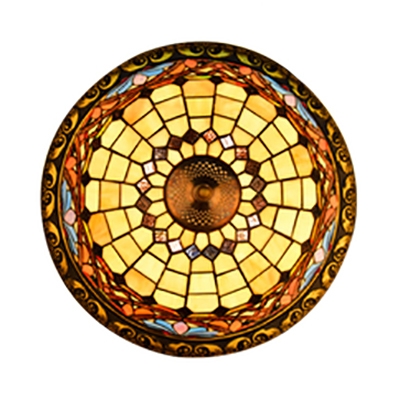 Stained Glass Bowl Shade Ceiling Fixture 4 Lights Vintage Tiffany Ceiling Mount Light for Hotel