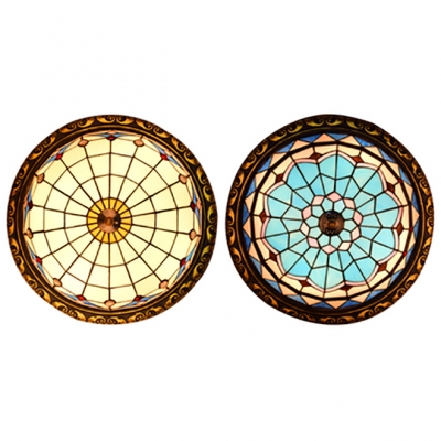 Stained Glass Umbrella Ceiling Light 4 Lights Antique Tiffany Flushmount Light in Blue/White for Bedroom