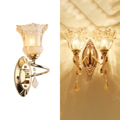 1/2 Lights Floral Wall Light with Crystal Classic Style Metal Sconce Light in Gold for Bedroom