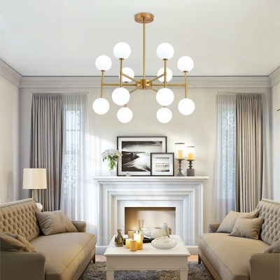 Modern Spherical Shape Chandelier Opal Glass Black/Gold Hanging Light for Living Room Foyer