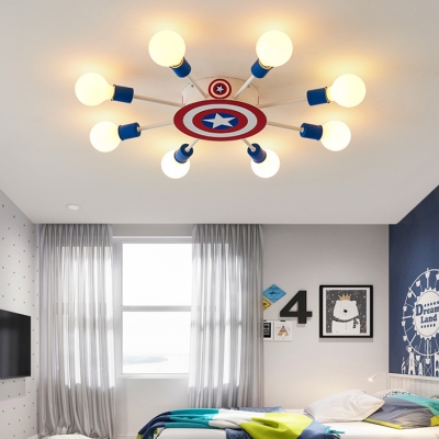 American Style Star Semi Ceiling Mount Light Metal 8 Lights White Ceiling Lamp for Boys Bedroom