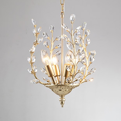 Black/Champagne/Gold Candle Chandelier with Crystal Leaf & Twig 4 Bulbs Antique Metal Hanging Light for Cloth Shop