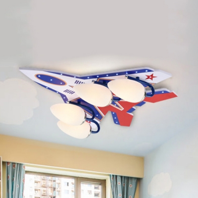 Cool Plane Semi Flush Mount Light 4 Heads Blue/Red Ceiling Lamp in Warm with/without Controller for Baby Room