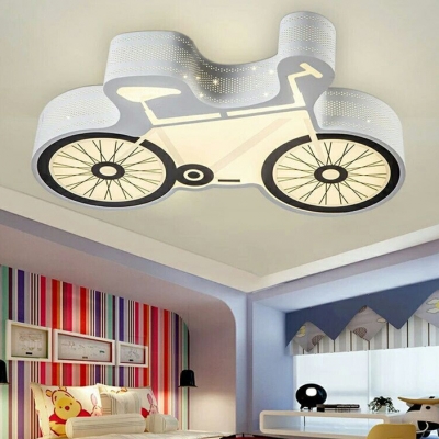 Creative Bicycle Flush Ceiling Light Metal Stepless Dimming/Warm/White LED Ceiling Lamp in White for Teen