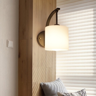 Cylindrical Bedside Wall Lamp Contemporary White Glass 1 Bulb Sconce Lighting in Black Finish