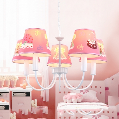 Lovely Tapered Shade Pendant Light 5 Lights Metal Chandelier in Pink/White for Girls Bedroom