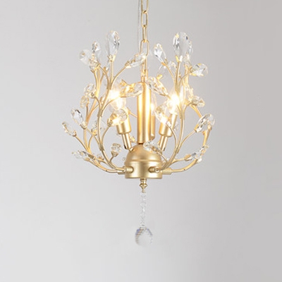 Luxurious Black/Champagne/Gold Chandelier Candle 3 Lights Metal Hanging Light with Twig & Crystal Leaf for Shop
