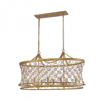 Luxurious Candle Pendant Light with Drum Shade & Crystal Wrought Iron 6/8 Lights Antique Style Chandelier in Champagne