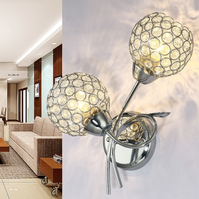 Metal Plant Shaped Sconce Light with Crystal Bead 2 Lights Modern Wall Light in Gold/Silver for Bedroom