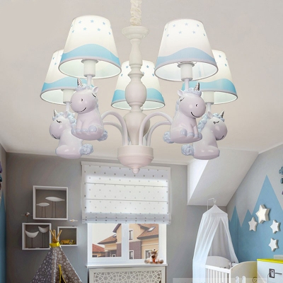Metal Unicorn Pendant Light Kindergarten Living Room 5/6 Lights Lovely Chandelier in Blue