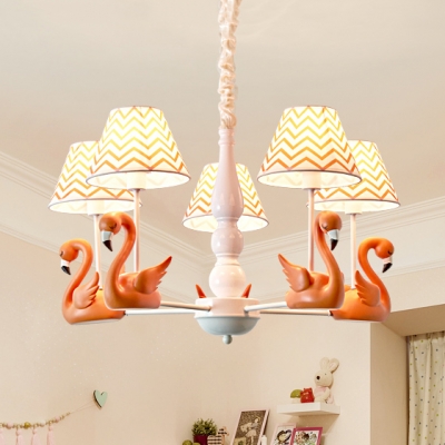 Modern Style Swan Chandelier with Fabric Shade 5 Lights Metal Pendant Light in Blue/Pink/Orange for Kids Bedroom