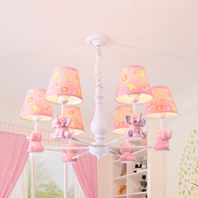 Resin Elephant Suspension Light with Tapered Shade 3/5/6/8 Lights Animal Chandelier in Pink