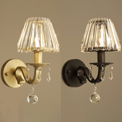 Restaurant Hotel Tapered Shade Sconce Metal 1 Head Traditional Black/Gold Wall Lamp with Crystal