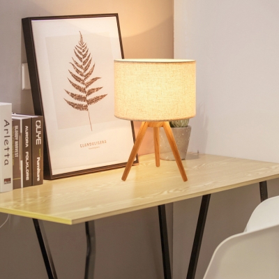 Modern Bedside Table Desk Lamp Light Wooden Base Linen Shade 28CM Height 