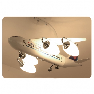 Vivid Airplane Kindergarten Pendant Light Metal 4 Head Third Gear Hanging Light in White