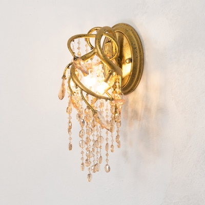 2 Bulbs Branch Wall Sconce with Crystal Bead Vintage Style Metal Wall Lamp in Antique Brass for Stair