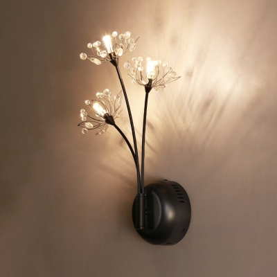 3 Bulbs Dandelion Wall Lamp with Crystal Classic Style Metal Wall Light in Black for Bedroom