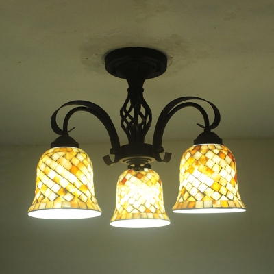 3 Heads Bell/Dome Ceiling Light Tiffany Traditional Art Glass Semi Flush Light for Villa Restaurant