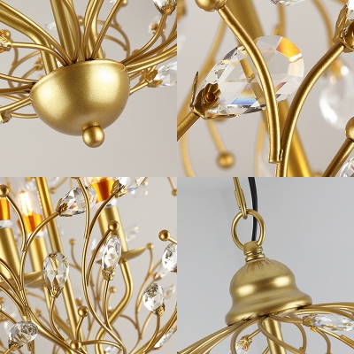 Candle Restaurant Hanging Light with Orb Branch & Crystal Metal 3 Lights Elegant Chandelier in Gold