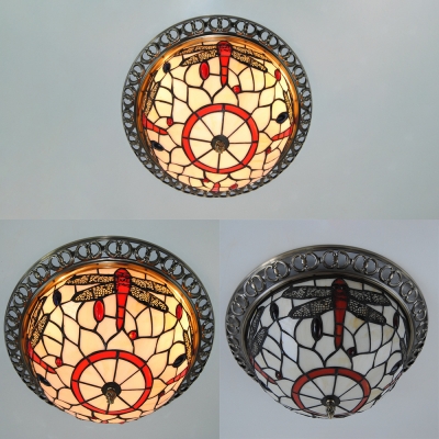 Dragonfly/Flower/Leaf Flush Mount Light 3 Lights Traditional Tiffany Stained Glass Ceiling Light for Corridor