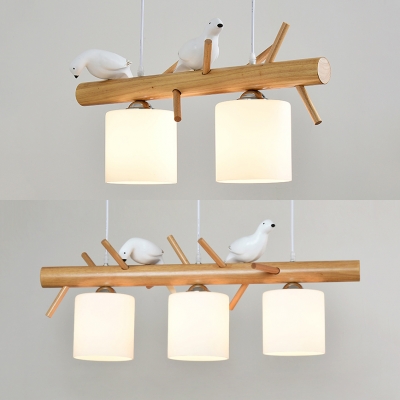 2/3 Lights Cylinder Island Pendant with Resin Bird Nordic Milk Glass Island Light in White for Kitchen