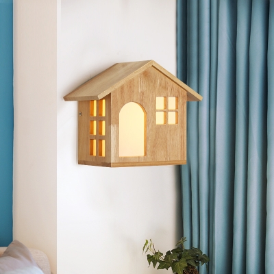 Wood Chalet Shaped Wall Light Child Bedroom Shop Rustic Style LED Sconce Light in Beige