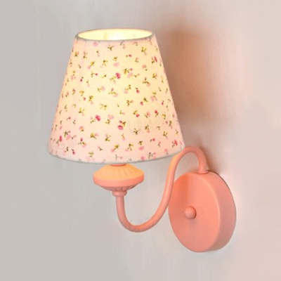 Kids Floral Wall Light with Fabric Shade Metal 1 Light Pink Wall Sconce for Girls Bedroom