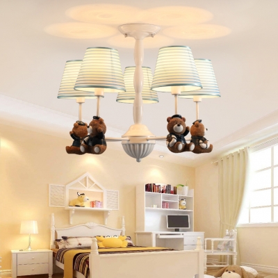 Animal Blue/Pink Hanging Light Stripe Shade 5 Lights Metal Chandelier with Bear for Child Bedroom