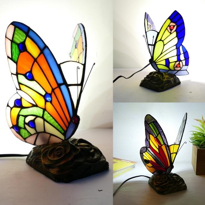 Child Bedroom Butterfly Table Light Stained Glass 1 Bulb Tiffany Stylish Desk Light with Plug-In Cord
