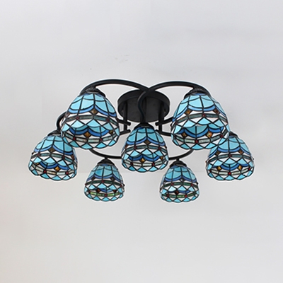 Child Bedroom Domed Semi Flushmount Light Stained Glass 3/5/7 Lights Nautical Blue Ceiling Lamp