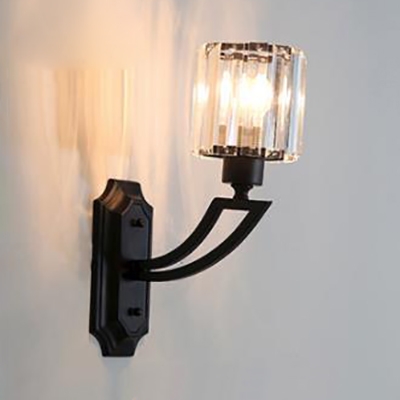 Classic Style Drum Sconce Iron 1 Light Black/Gold Finish Wall Light with Crystal for Stair
