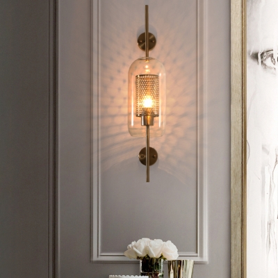 Clear Glass Domed Wall light Post Modern 1 Light Brass/Silver Sconce Lighting with Inner Mesh Cage