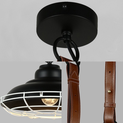 Industrial Double Bubble Pendant Light with Leather Cord 1 Bulb Metal Hanging Light in Black/White for Bedroom