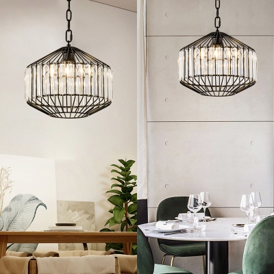 Iron Cage Pendant Lamp with Clear Crystal Study Room One Light Industrial Chandelier in Black