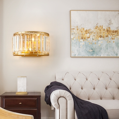 Living Room Drum Sconce Light Metal Modern Stylish Gold Wall Lamp with Crystal Decoration
