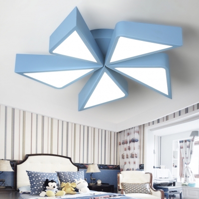 Metal Toy Windmill Ceiling Fixture 5 Blades Cartoon Warm/White Flush Mount Light in Blue/Pink for Kids Bedroom