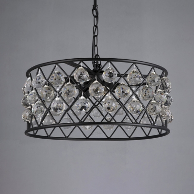 Round Cage Villa Pendant Light Iron 4 Heads Rustic Style Chandelier in Black with Striking Crystal Ball